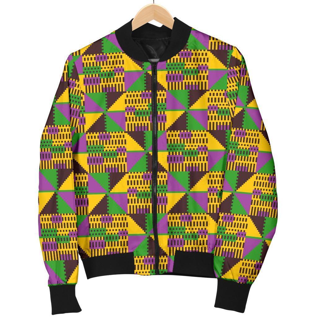 African Kente Pattern Print Women Casual Bomber Jacket-grizzshop