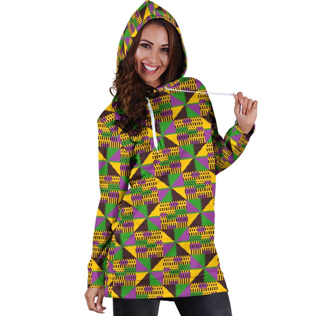 African Kente Pattern Print Women Hoodie Dress-grizzshop