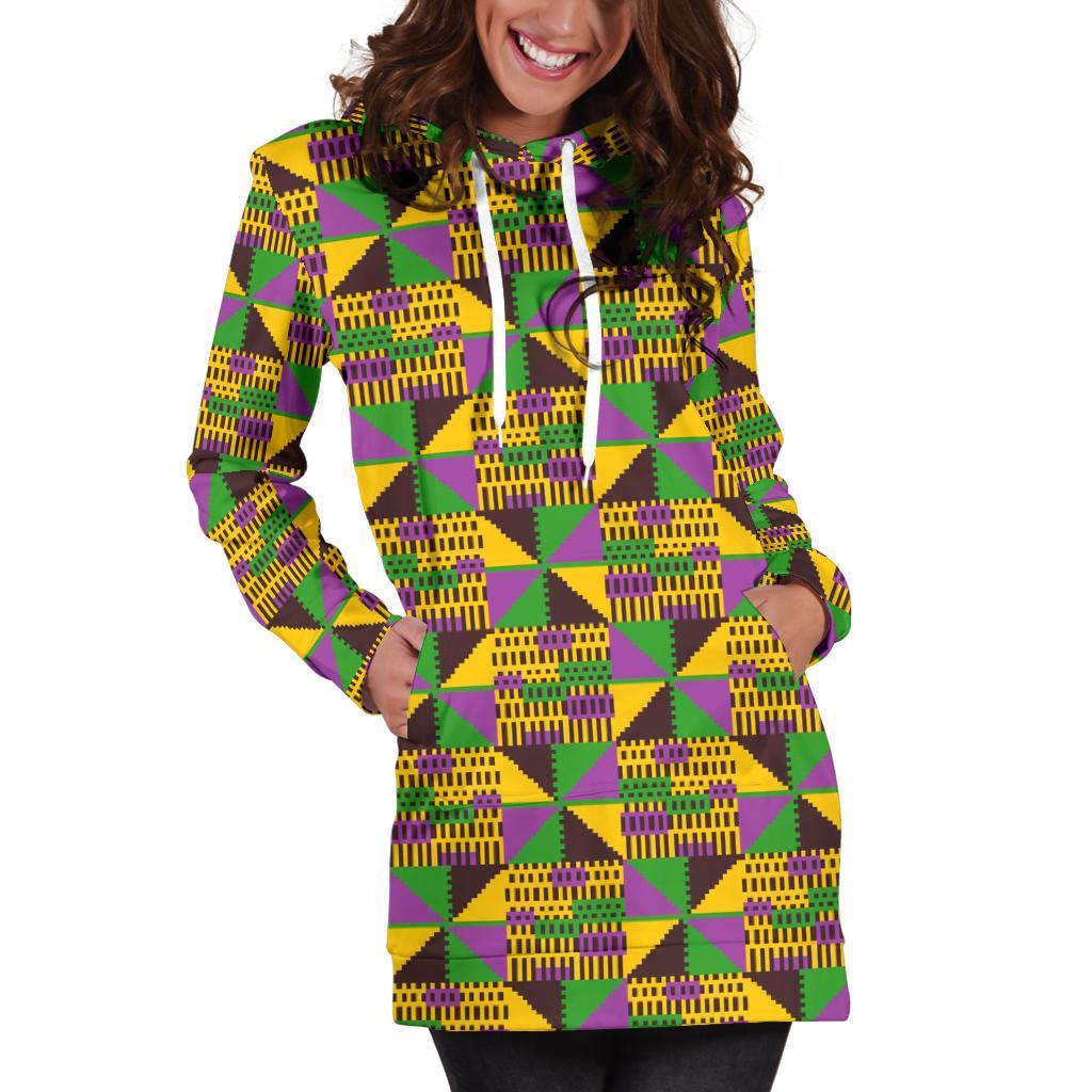 African Kente Pattern Print Women Hoodie Dress-grizzshop