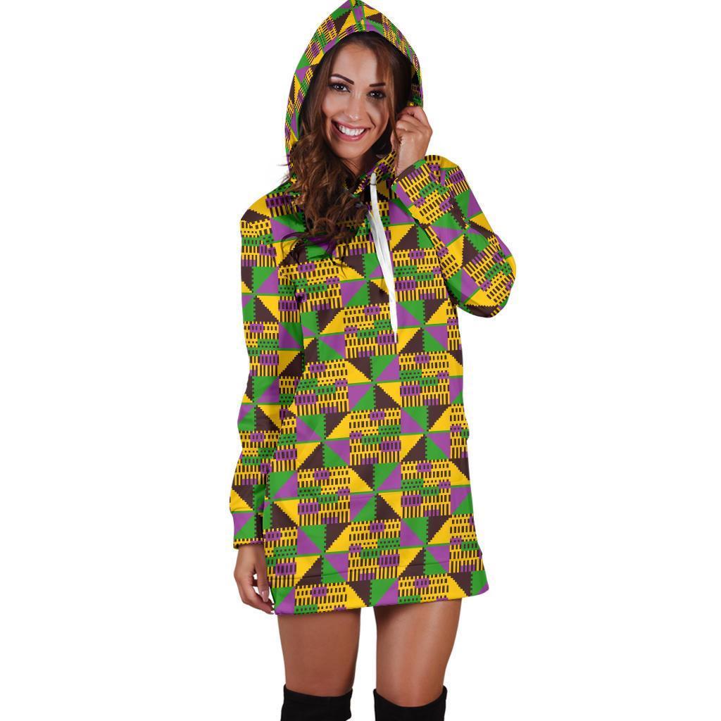 African Kente Pattern Print Women Hoodie Dress-grizzshop