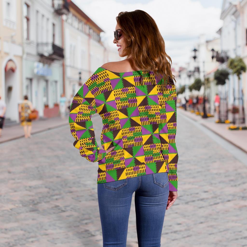 African Kente Pattern Print Women Off Shoulder Sweatshirt-grizzshop