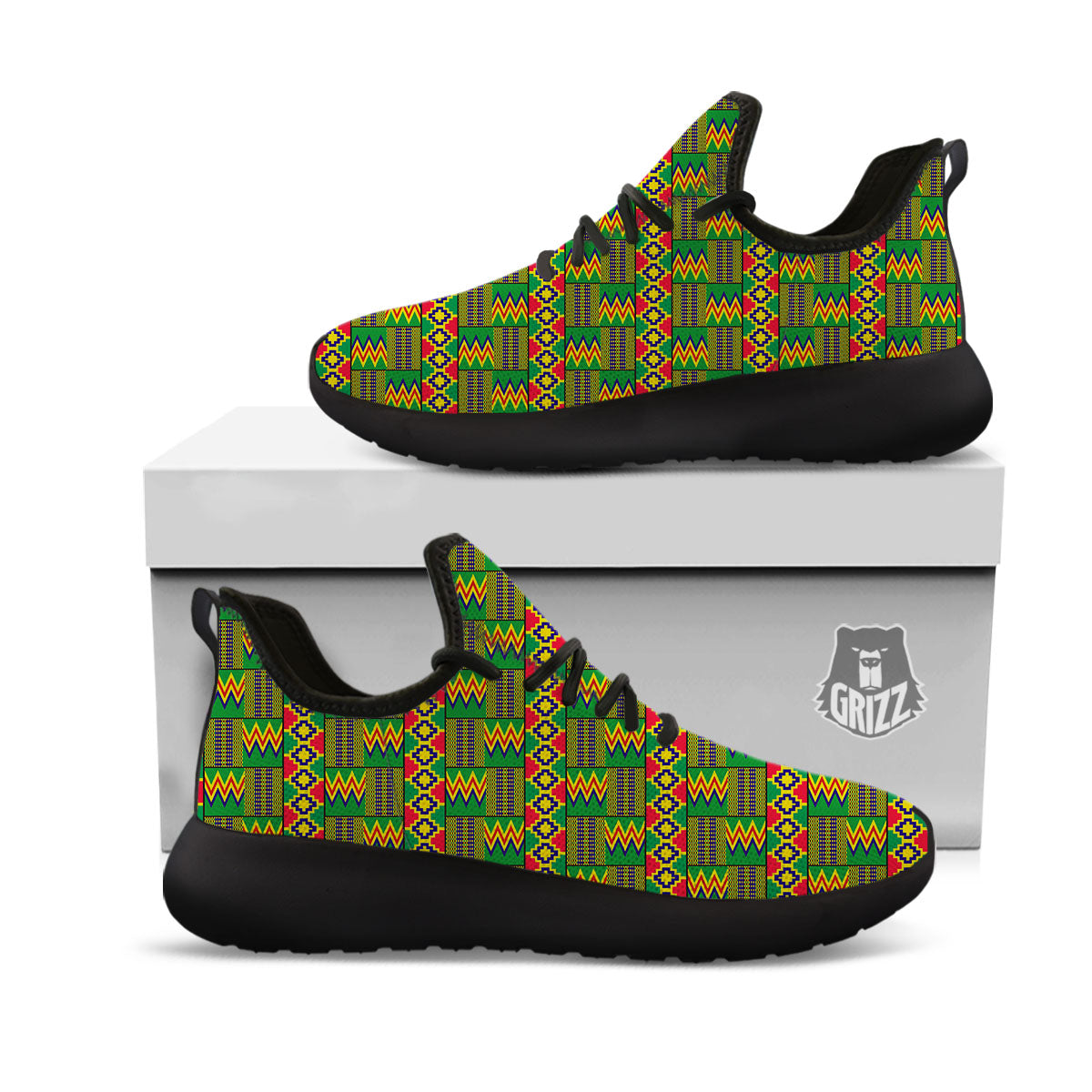 African Kente Print Pattern Black Athletic Shoes-grizzshop
