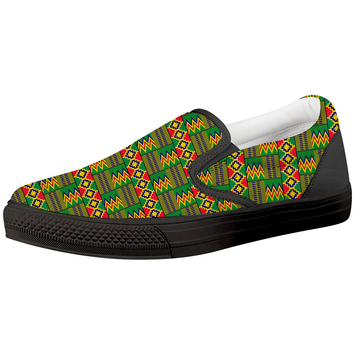African Kente Print Pattern Black Slip On Shoes-grizzshop