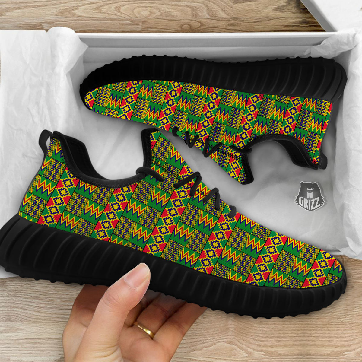 African Kente Print Pattern Black Walking Shoes-grizzshop