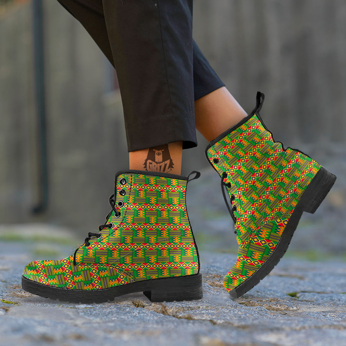 African Kente Print Pattern Leather Boots-grizzshop