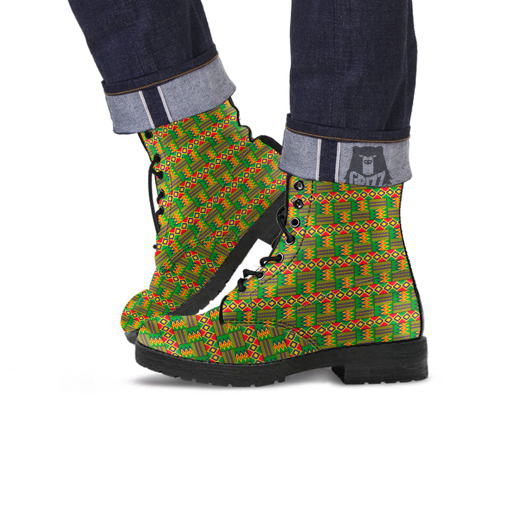 African Kente Print Pattern Leather Boots-grizzshop