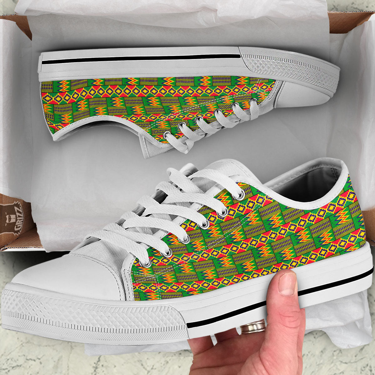 African Kente Print Pattern White Low Top Shoes-grizzshop