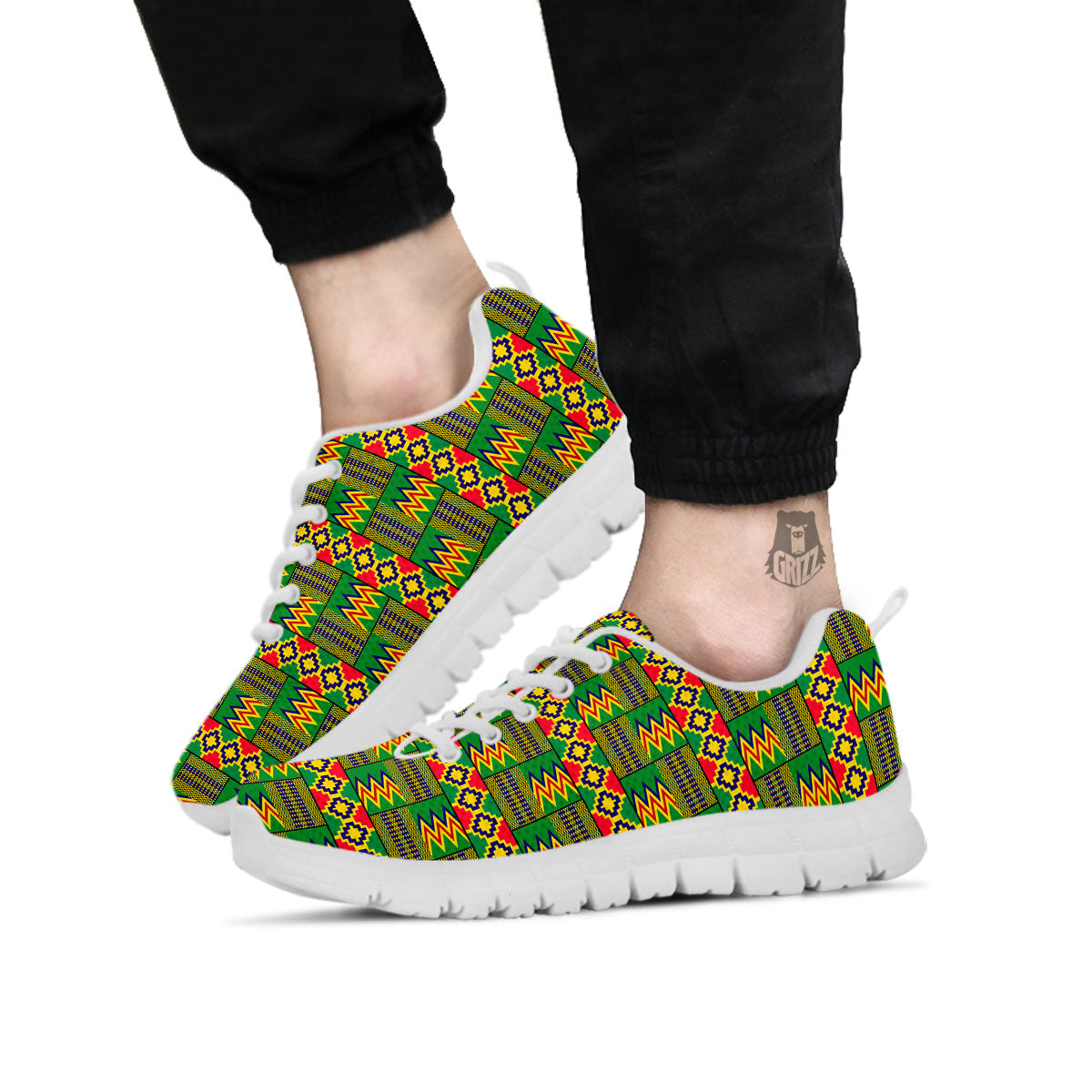 African Kente Print Pattern White Sneaker-grizzshop