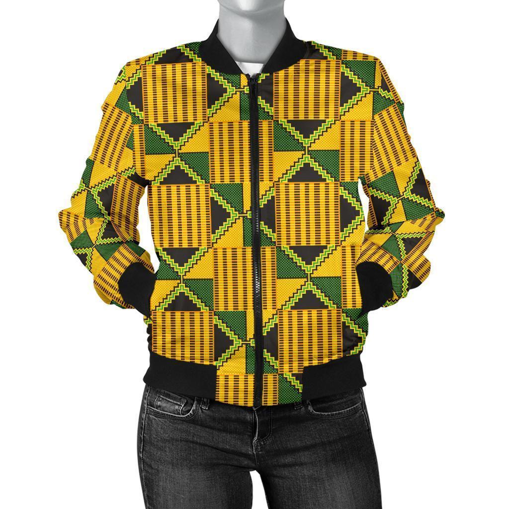 African Kente Print Pattern Women Casual Bomber Jacket-grizzshop