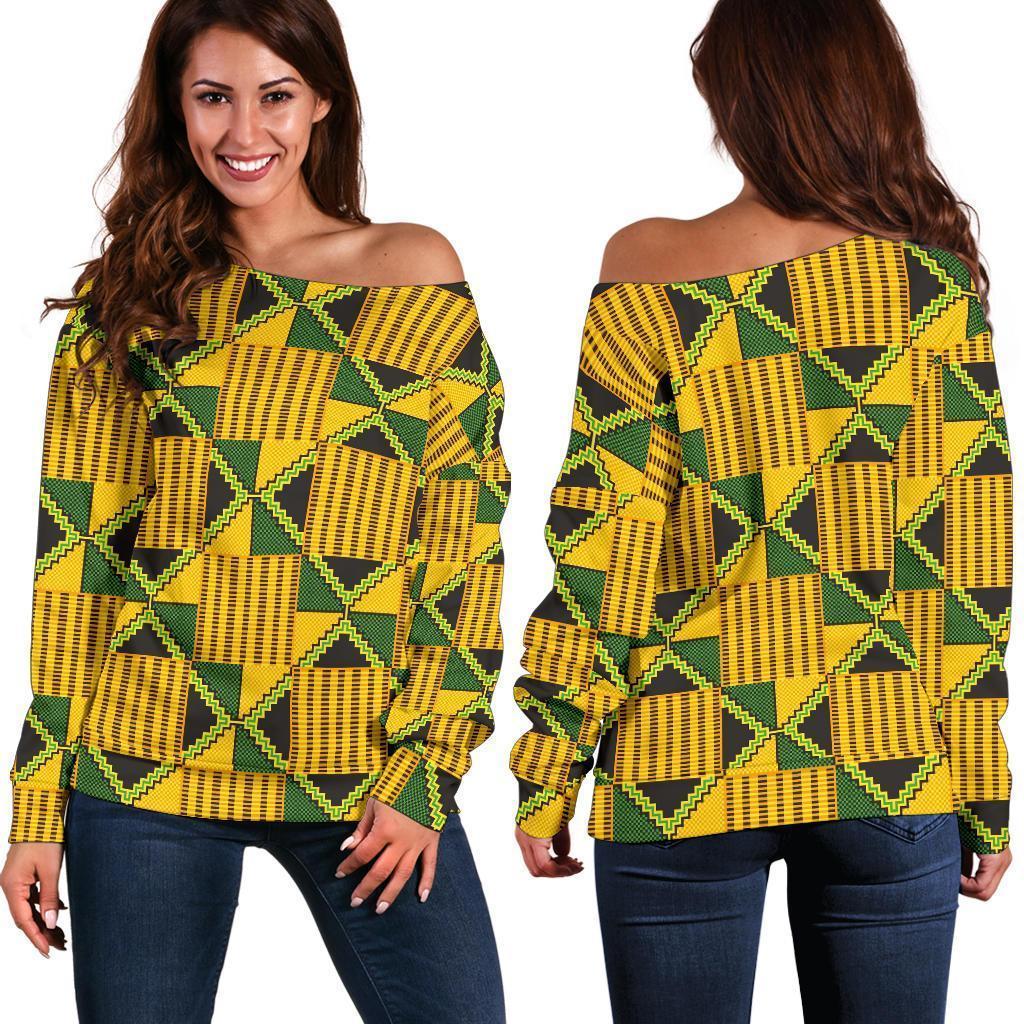 African Kente Print Pattern Women Off Shoulder Sweatshirt-grizzshop