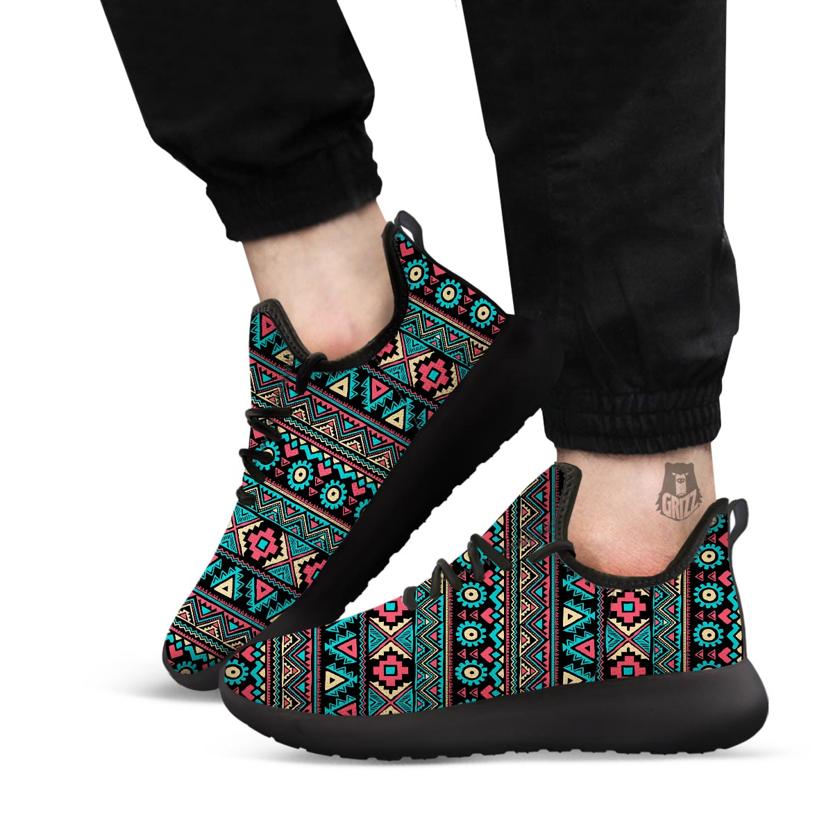 African Tribal Ethnic Print Pattern Black Athletic Shoes-grizzshop