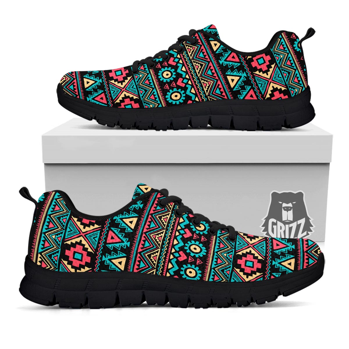 African Tribal Ethnic Print Pattern Black Sneaker-grizzshop