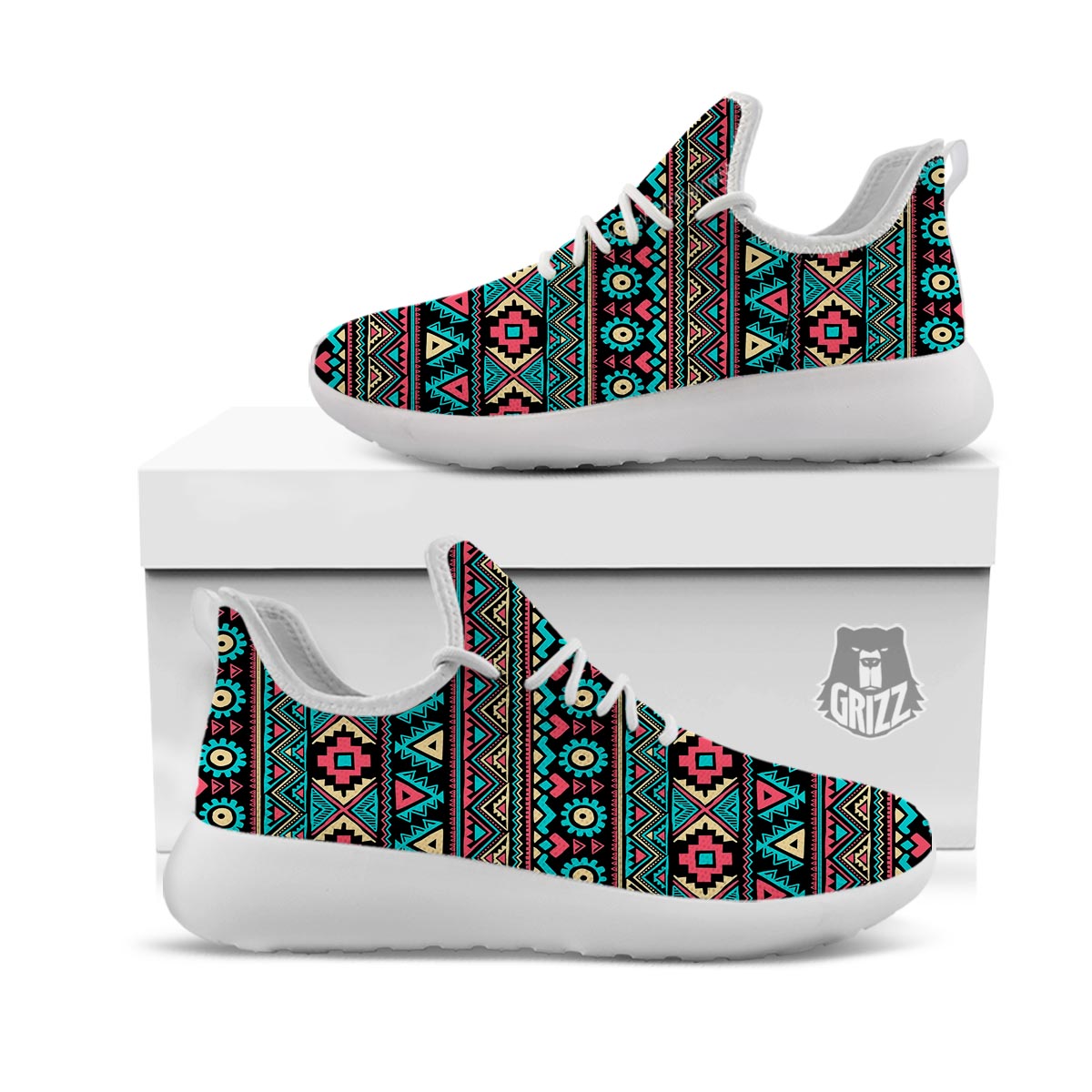 African Tribal Ethnic Print Pattern White Athletic Shoes-grizzshop