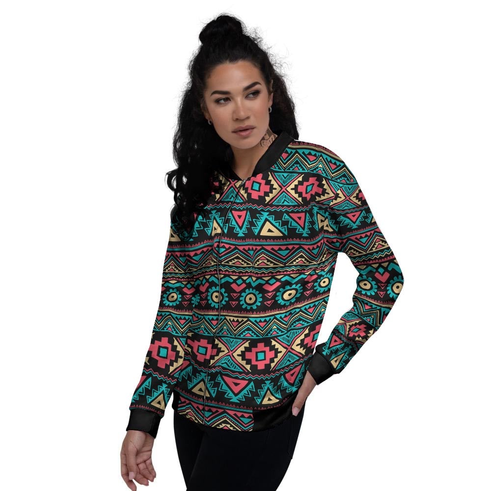 African Tribal Ethnic Print Pattern Women's Bomber Jacket-grizzshop