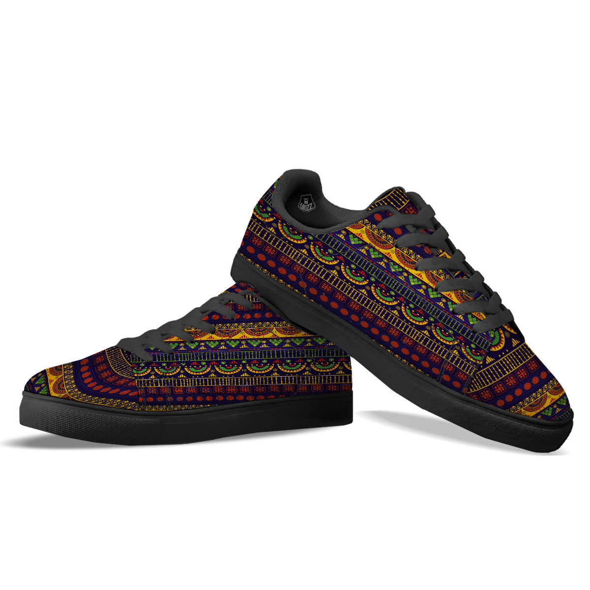 African Tribal Native Print Pattern Black Low Top Sneakers-grizzshop