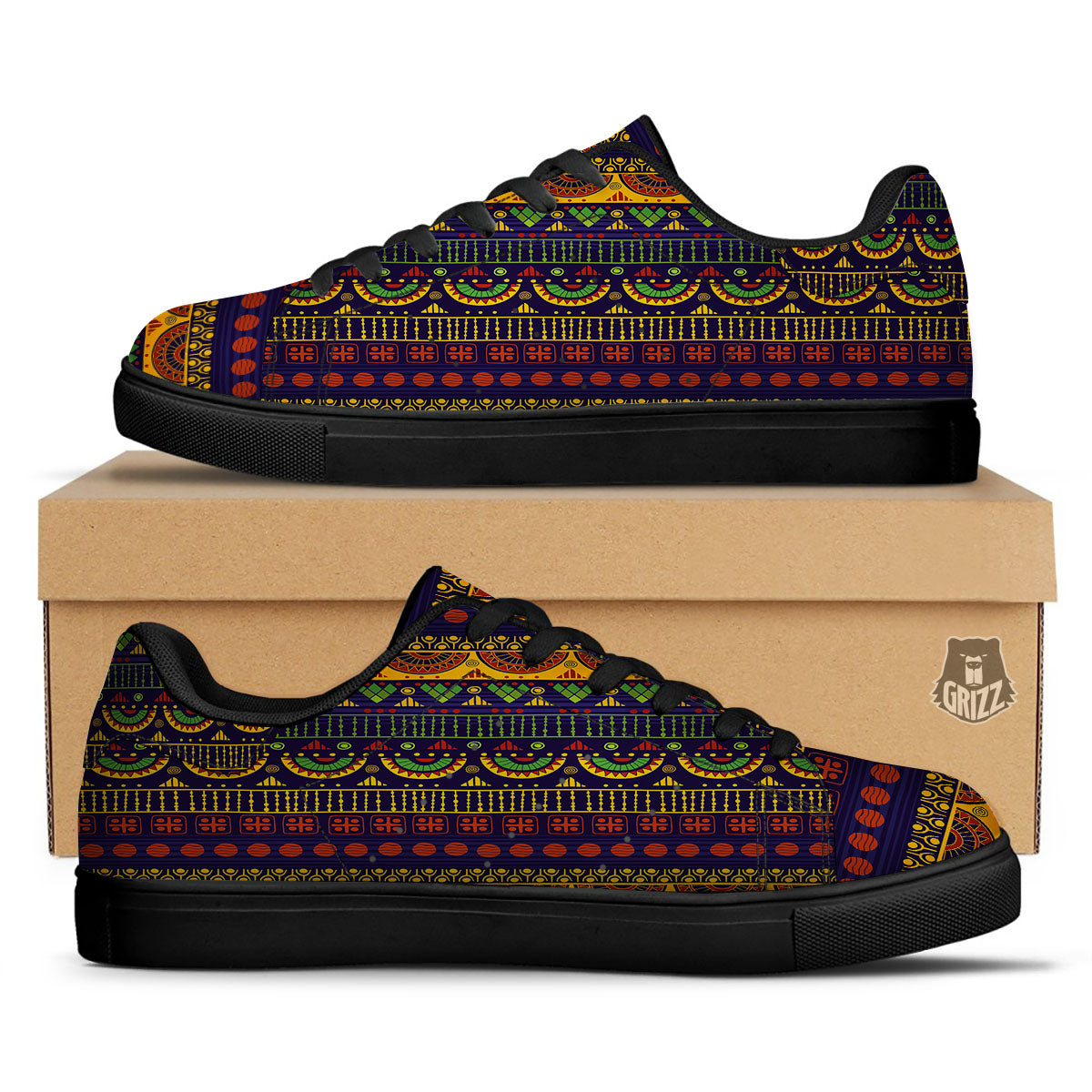 African Tribal Native Print Pattern Black Low Top Sneakers-grizzshop