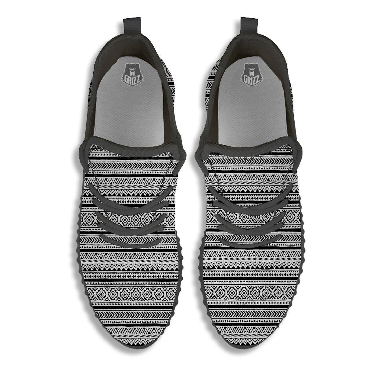 African Tribal White And Black Print Black Walking Shoes-grizzshop