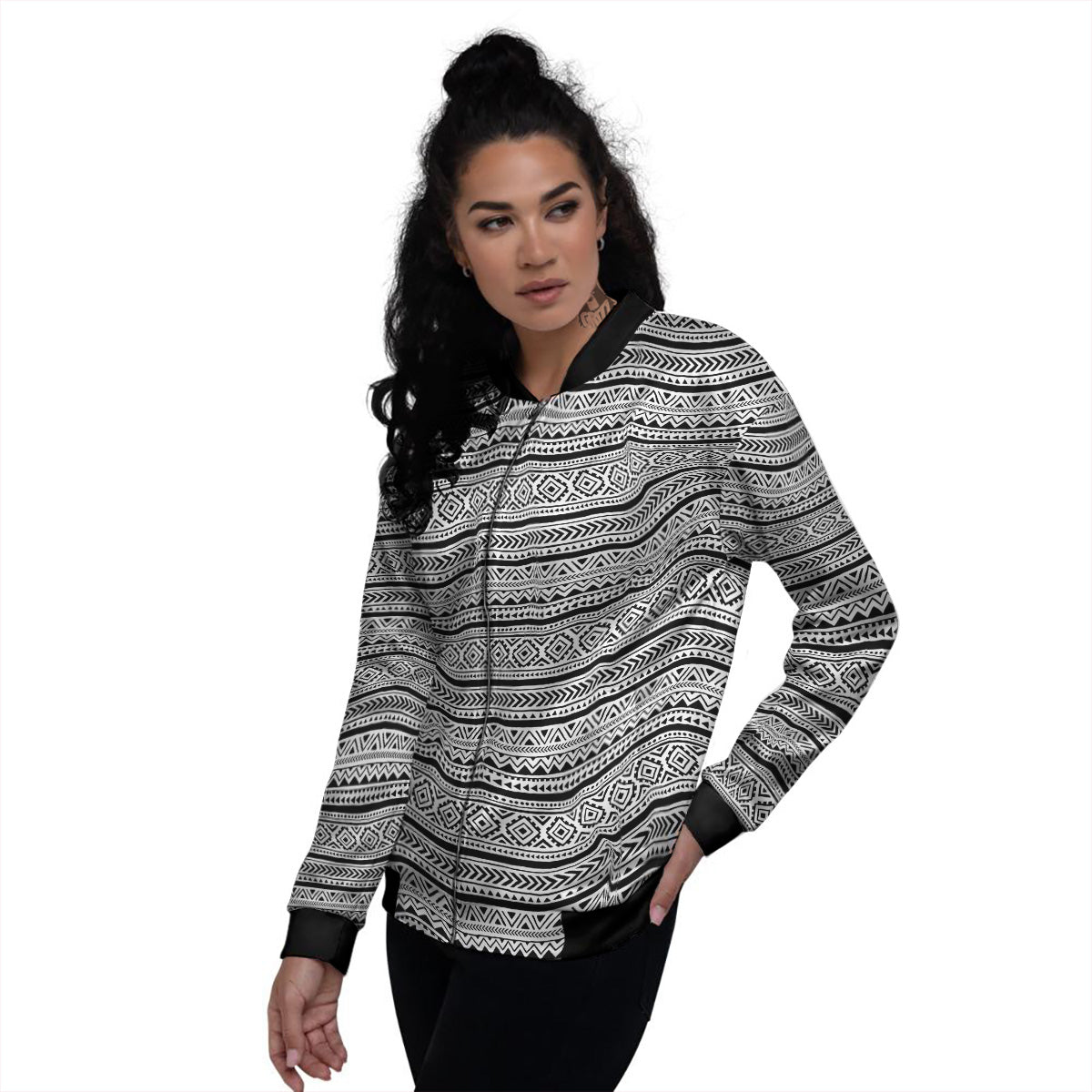 African Tribal White And Black Print Women's Bomber Jacket-grizzshop