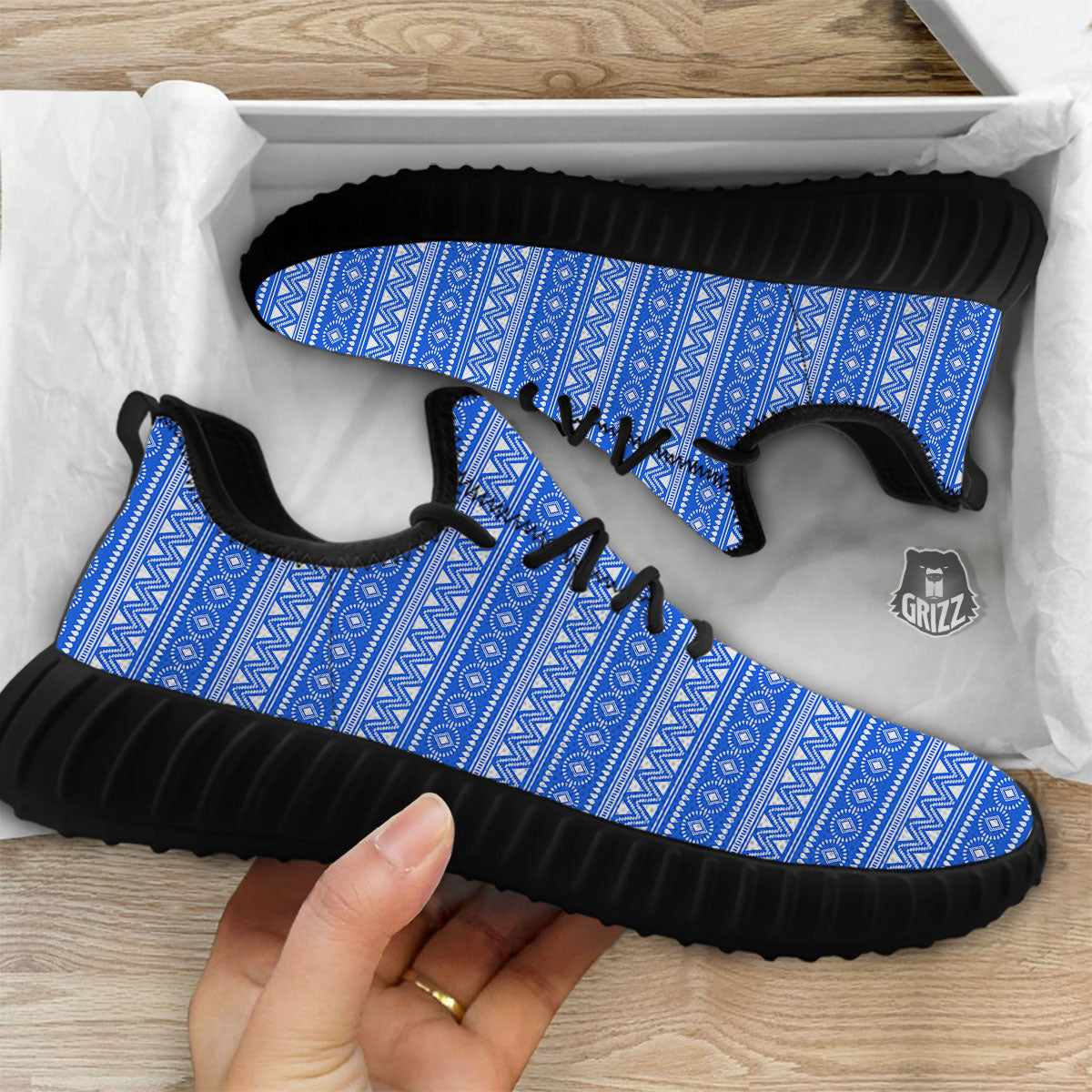 African White And Blue Print Pattern Black Walking Shoes-grizzshop