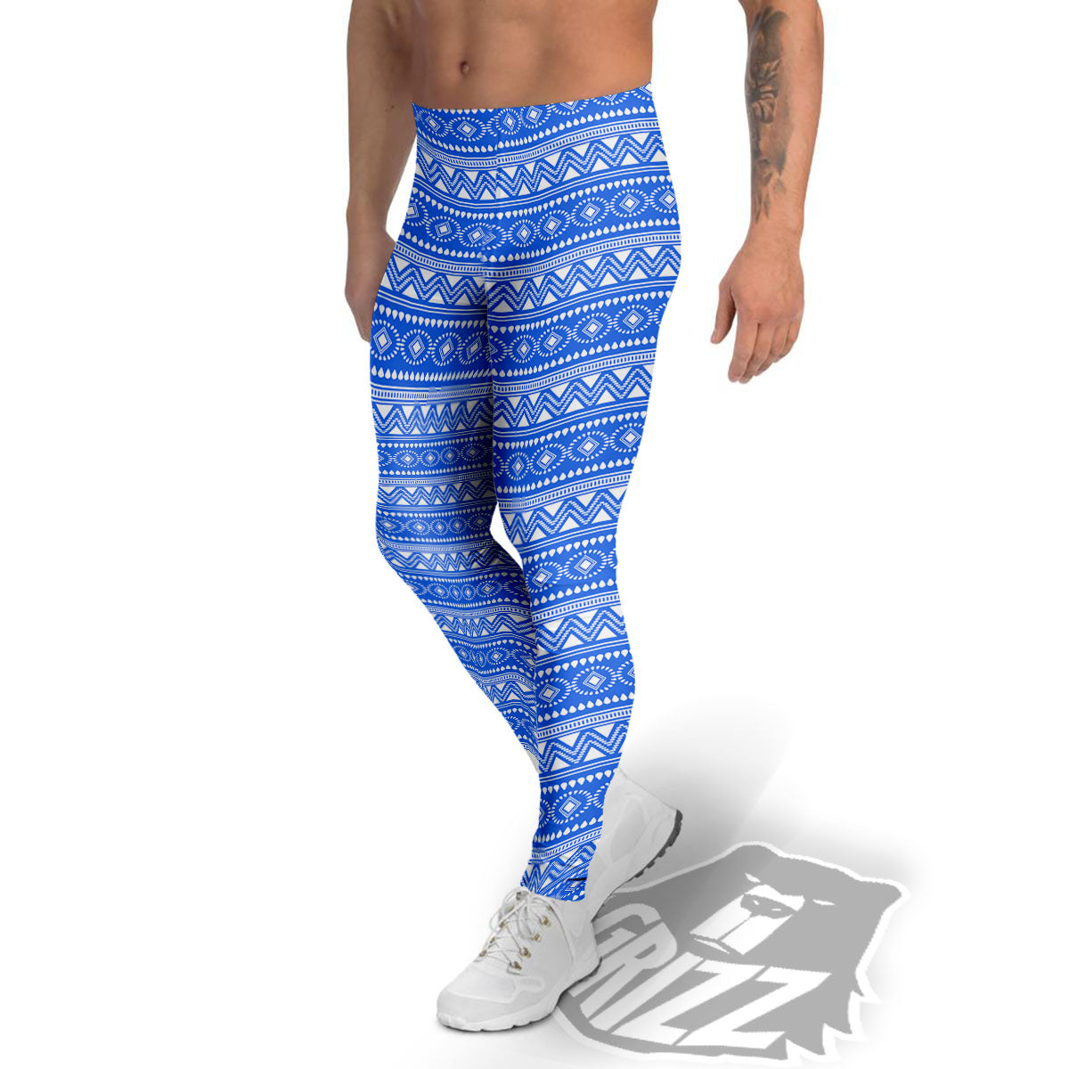 African White And Blue Print Pattern Men's Leggings-grizzshop