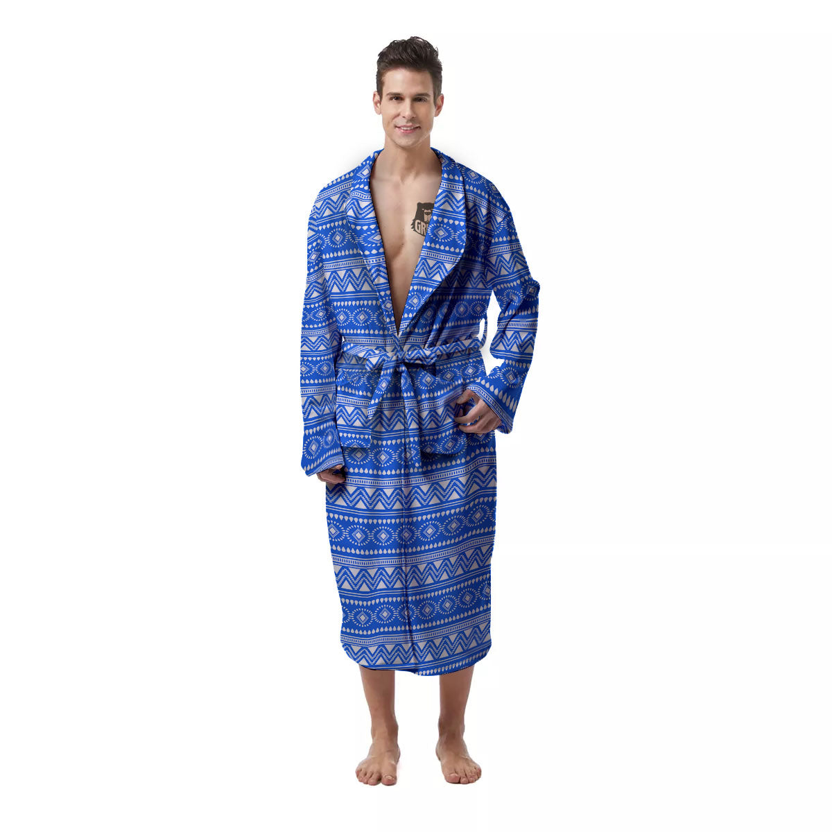 African White And Blue Print Pattern Men's Robe-grizzshop