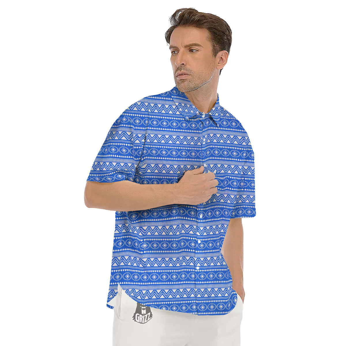 African White And Blue Print Pattern Men's Short Sleeve Shirts-grizzshop