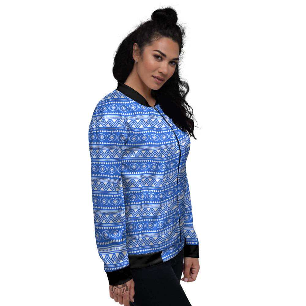 African White And Blue Print Pattern Women's Bomber Jacket-grizzshop