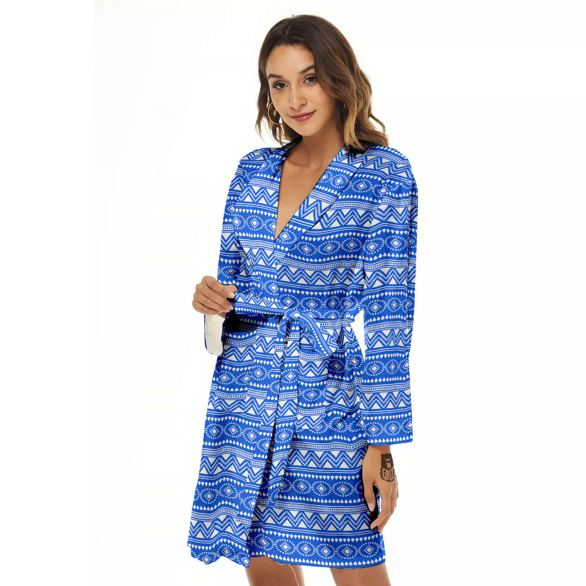 African White And Blue Print Pattern Women's Robe-grizzshop