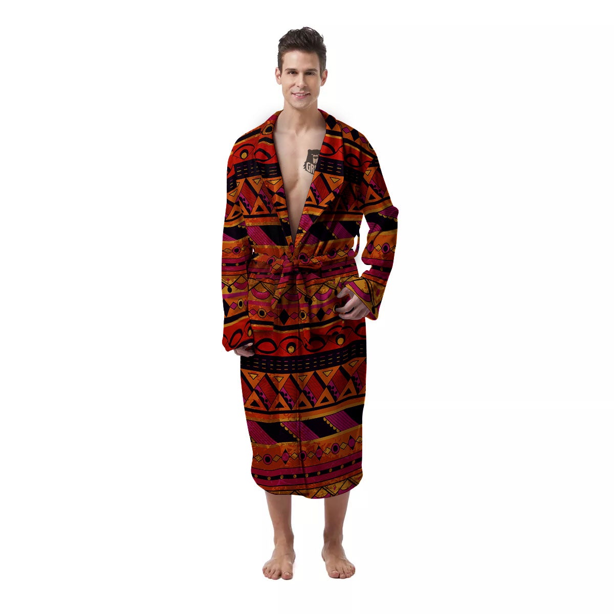 African Dashiki Black And Orange Print Men's Robe-grizzshop
