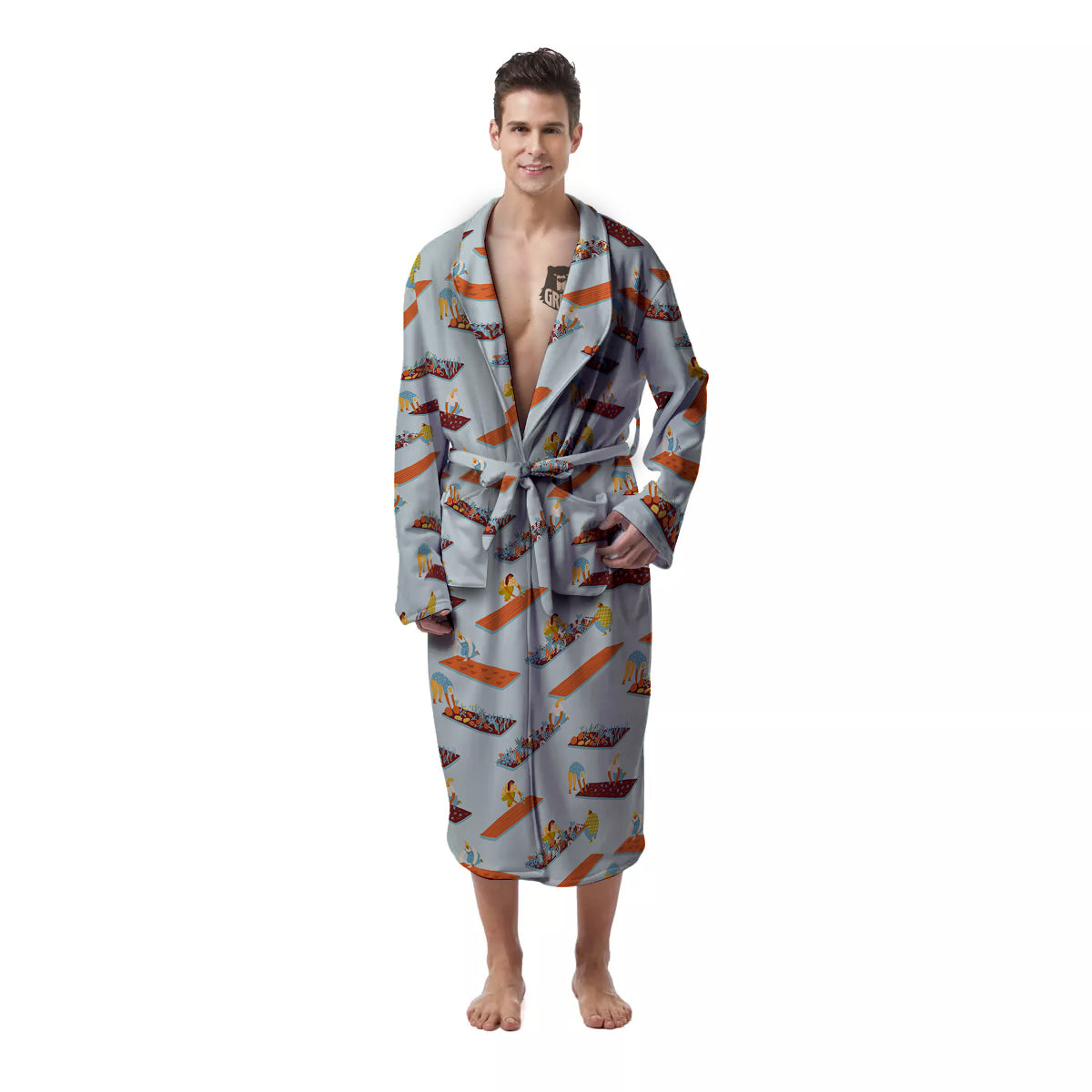 Agriculture Farming Cartoon Print Pattern Men's Robe-grizzshop
