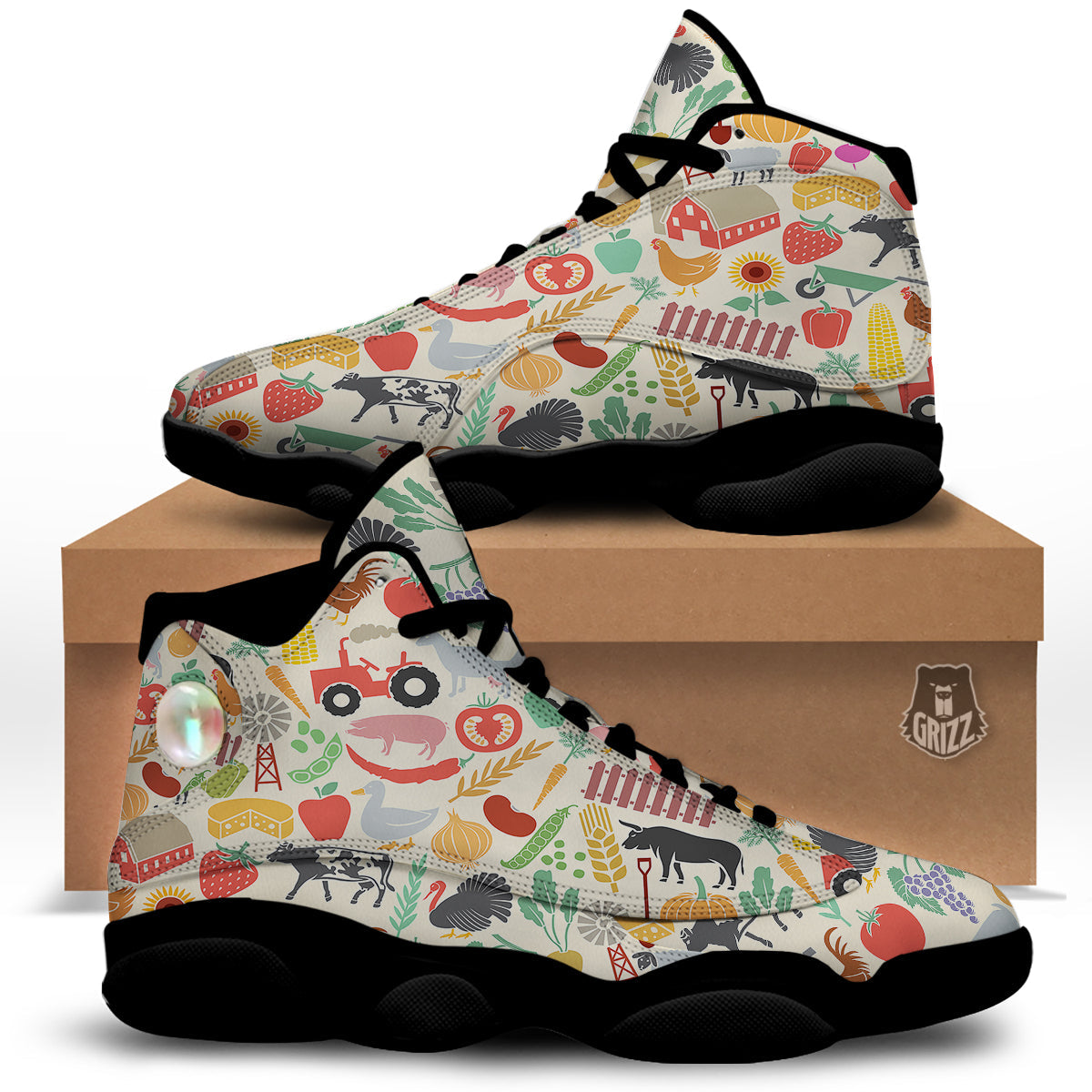 Agriculture Farming Colorful Print Pattern Black Basketball Shoes-grizzshop