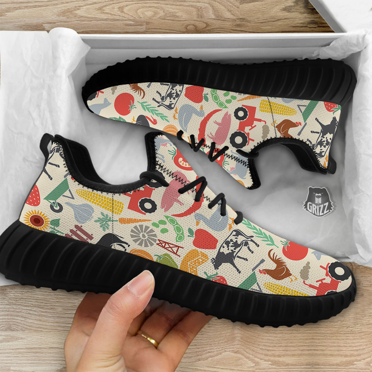 Agriculture Farming Colorful Print Pattern Black Walking Shoes-grizzshop