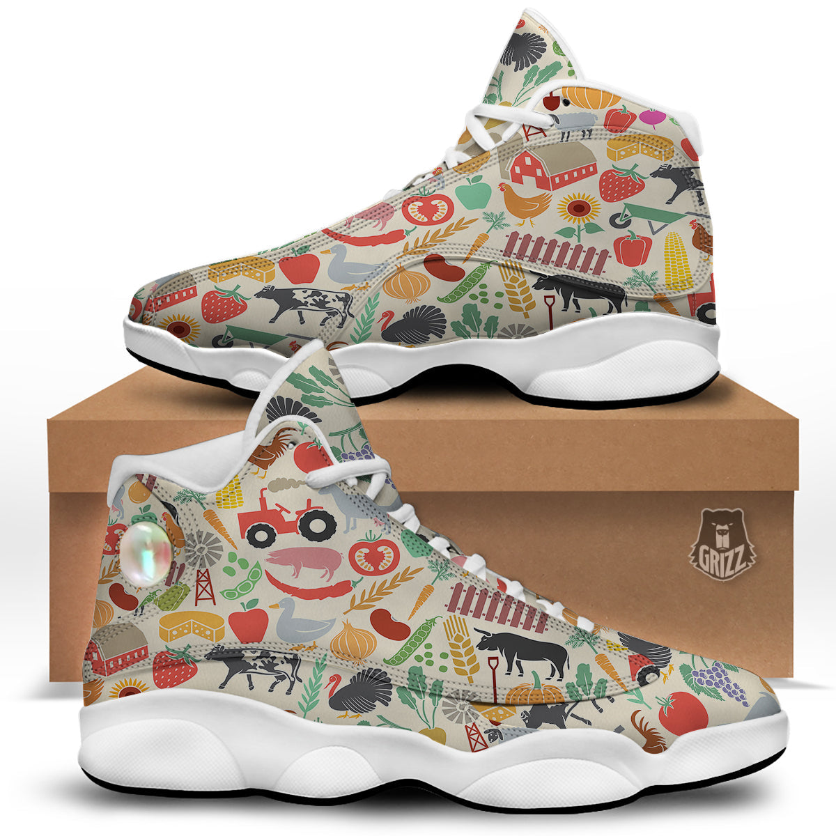 Agriculture Farming Colorful Print Pattern White Basketball Shoes-grizzshop