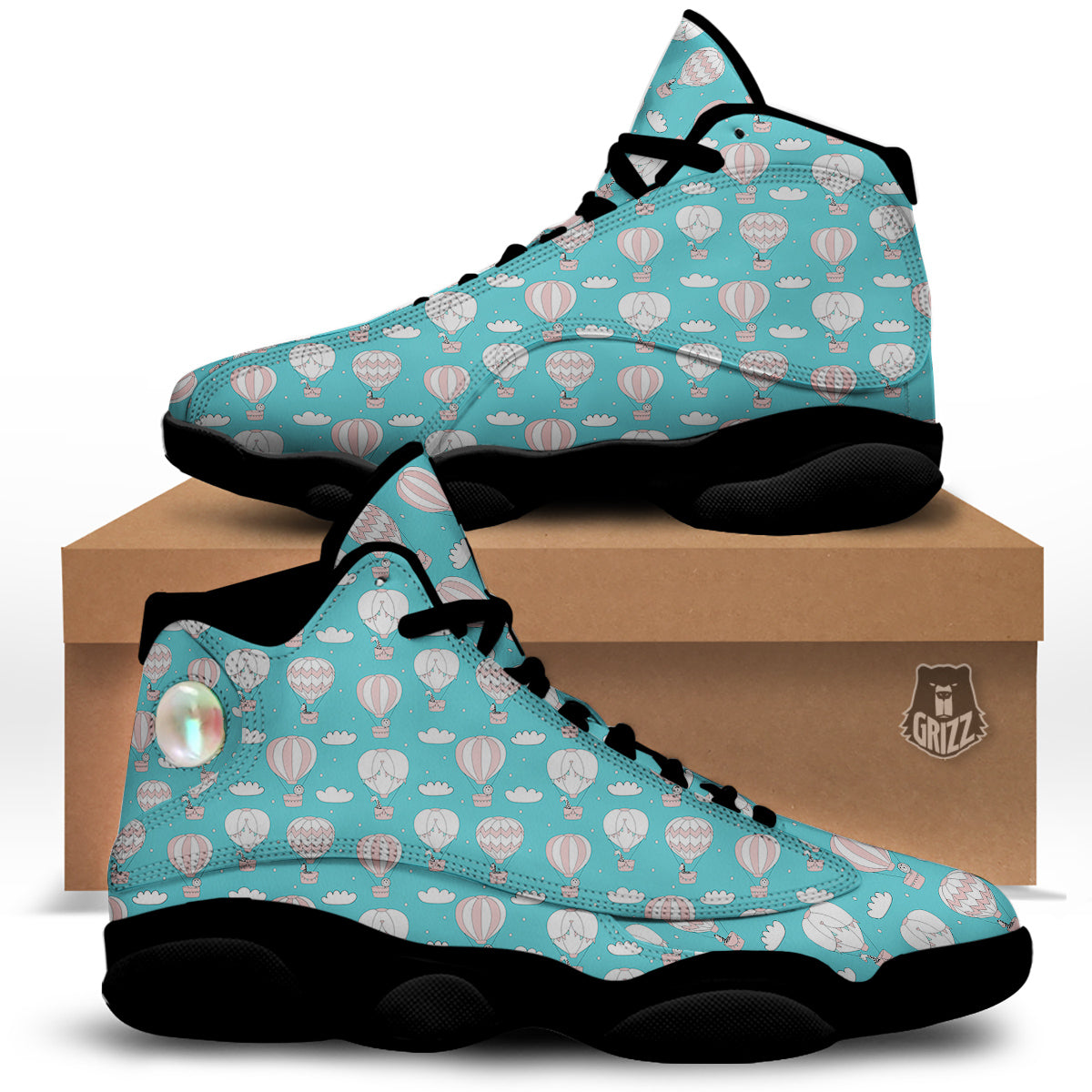 Air Balloon Cartoon Print Pattern Black Basketball Shoes-grizzshop