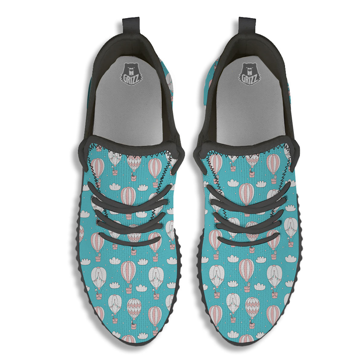 Air Balloon Cartoon Print Pattern Black Walking Shoes-grizzshop