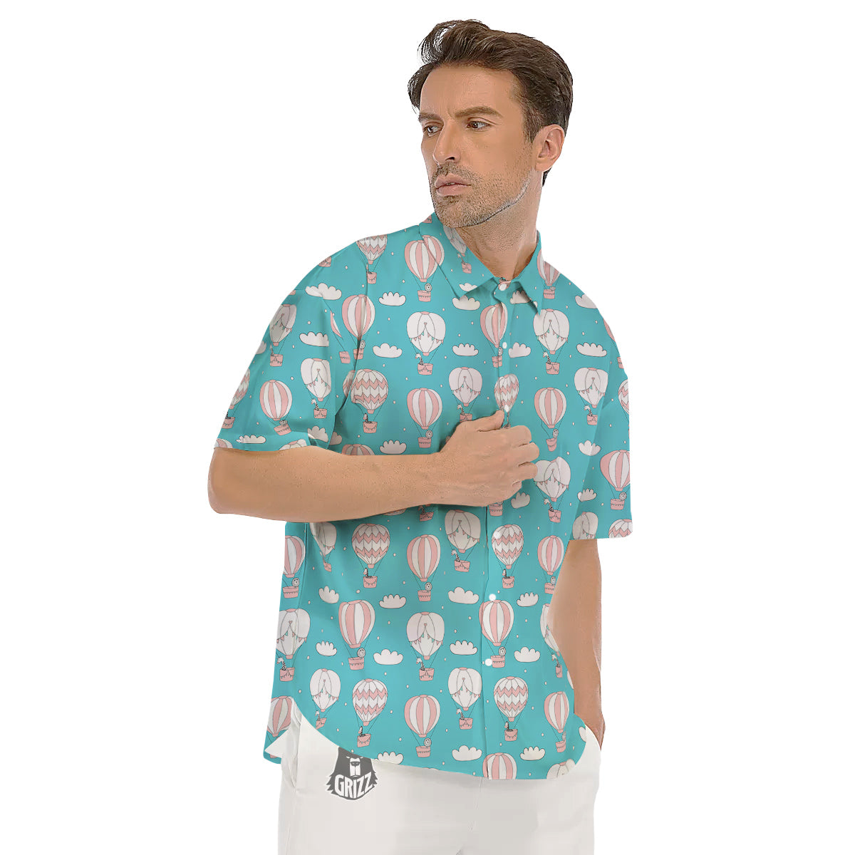 Air Balloon Cartoon Print Pattern Men's Short Sleeve Shirts-grizzshop