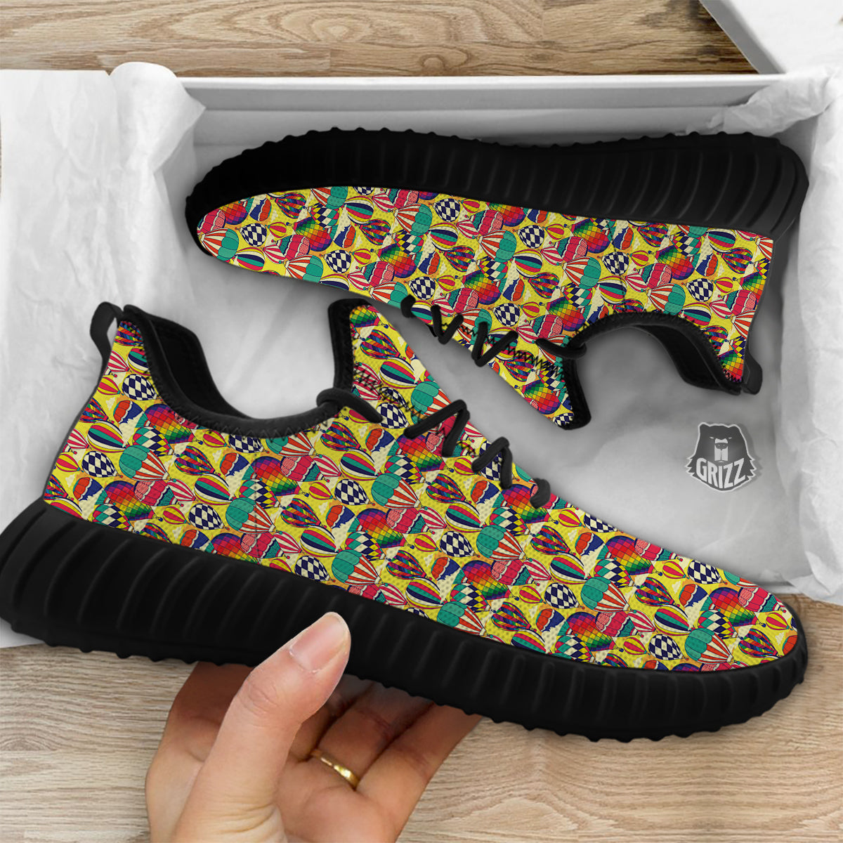 Air Balloon Colorful Print Pattern Black Walking Shoes-grizzshop