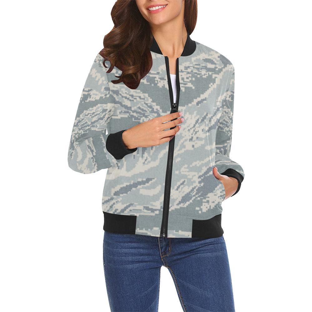 Air Force Military Camouflage White Snow Camo Pattern Print Women Casual Bomber Jacket-grizzshop