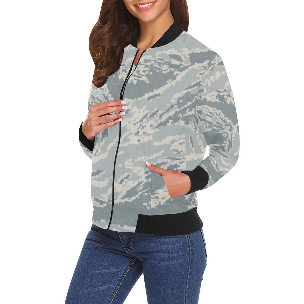 Air Force Military Camouflage White Snow Camo Pattern Print Women Casual Bomber Jacket-grizzshop