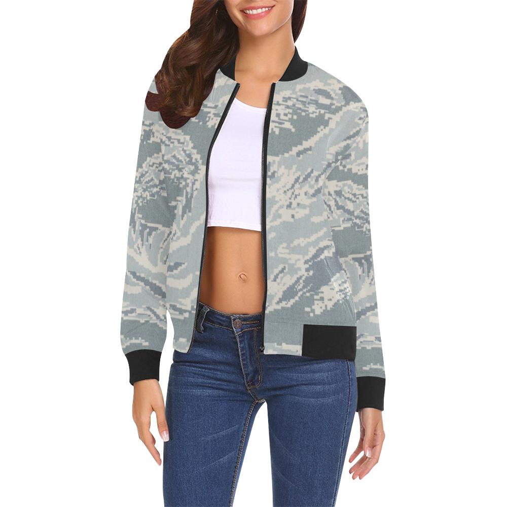 Air Force Military Camouflage White Snow Camo Pattern Print Women Casual Bomber Jacket-grizzshop