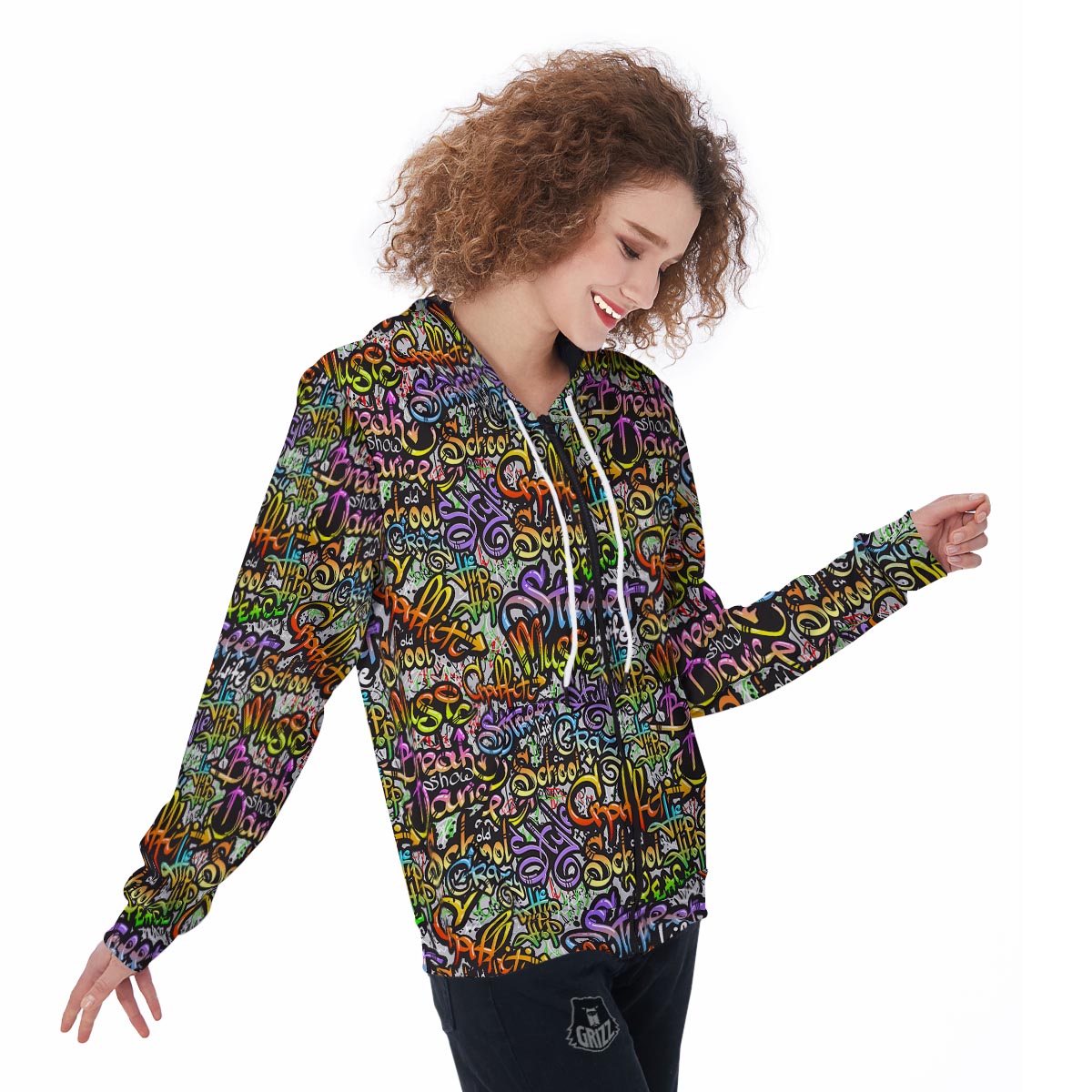 Airbrush Graffiti Print Women's Zip Up Hoodie-grizzshop