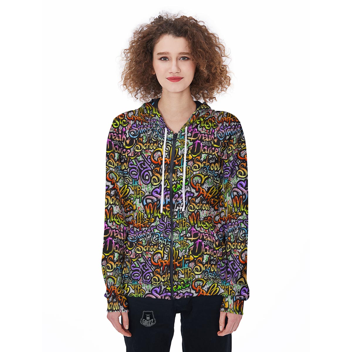 Airbrush Graffiti Print Women's Zip Up Hoodie-grizzshop