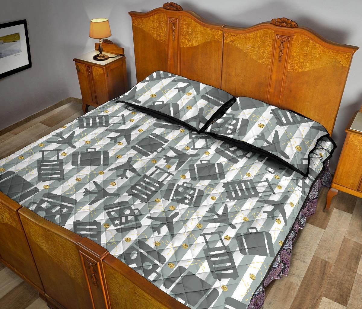 Airplane Luggage Pattern Print Bed Set Quilt-grizzshop