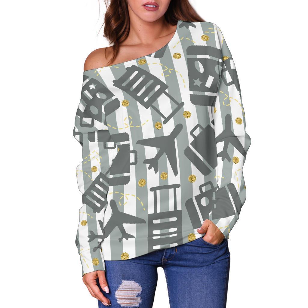 Airplane Luggage Pattern Print Women Off Shoulder Sweatshirt-grizzshop