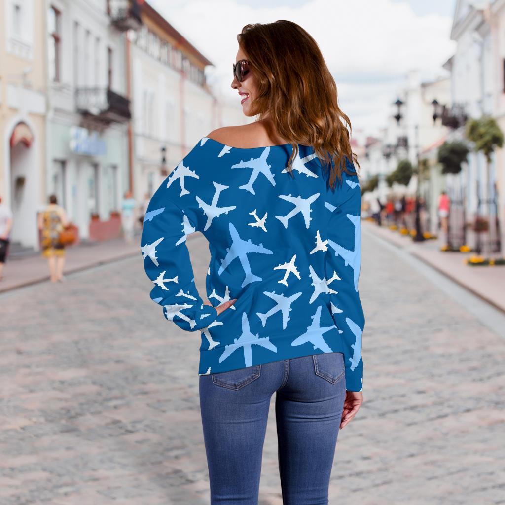 Airplane Pattern Print Women Off Shoulder Sweatshirt-grizzshop