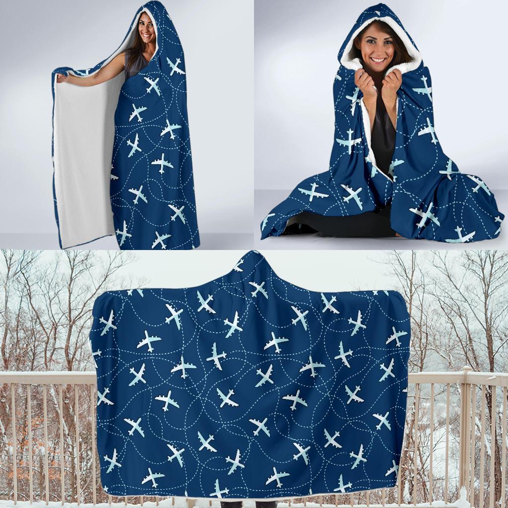 Airplane Print Pattern Hooded Blanket-grizzshop