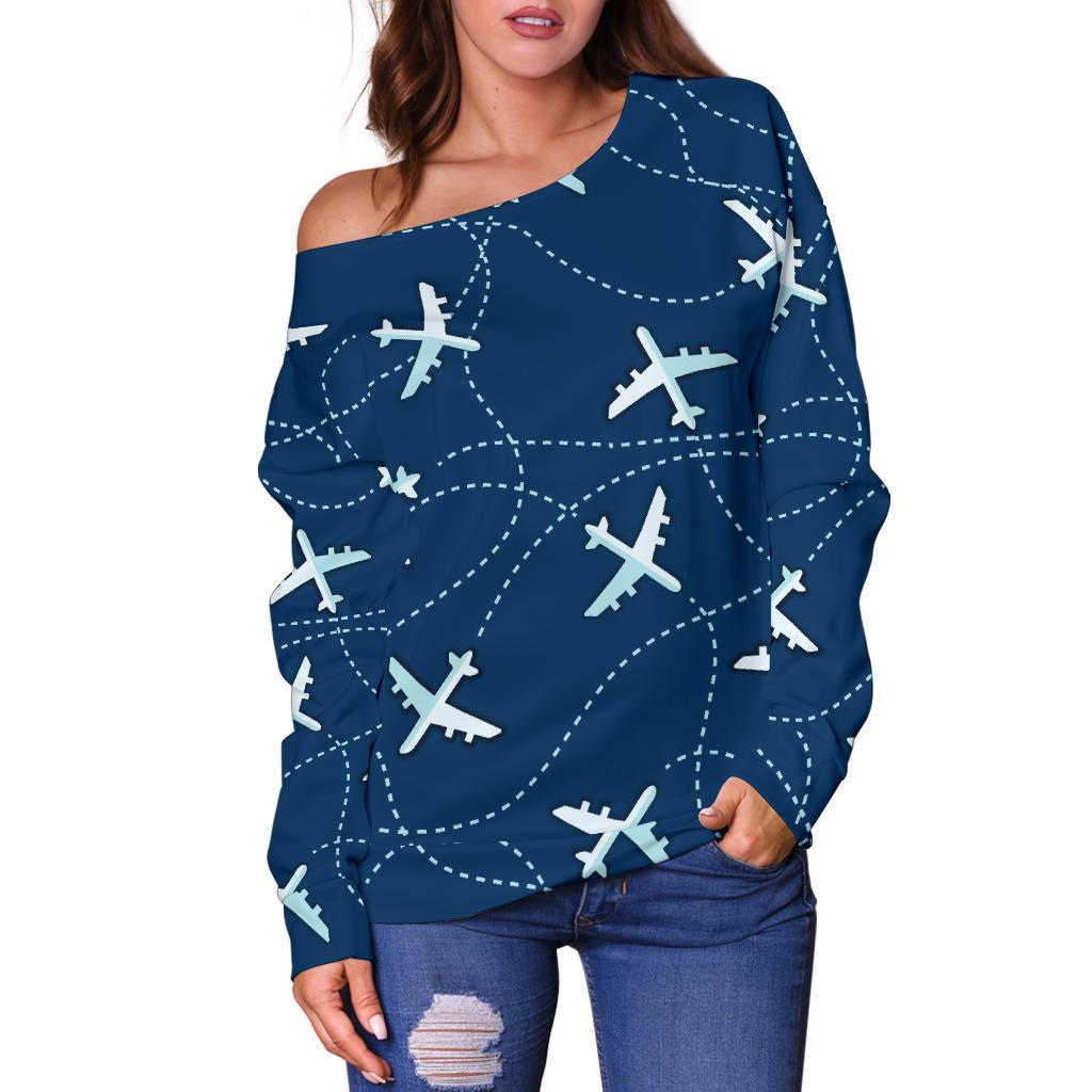 Airplane Print Pattern Women Off Shoulder Sweatshirt-grizzshop