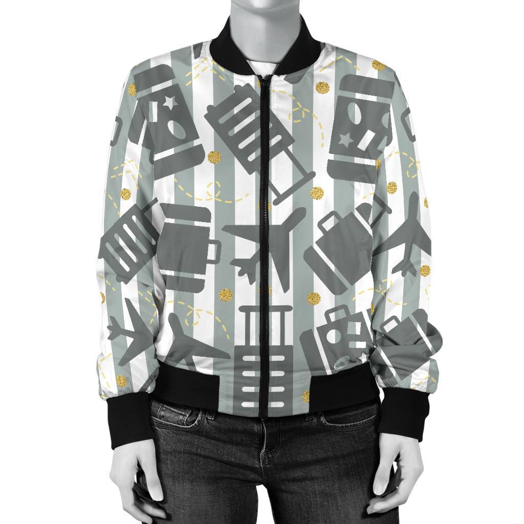 Airplane Luggage Pattern Print Women Casual Bomber Jacket-grizzshop