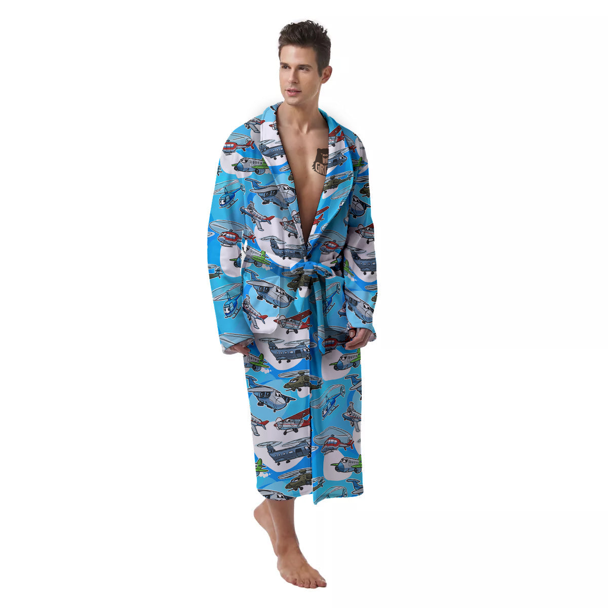 Airplanes And Helicopters Cartoon Print Pattern Men's Robe-grizzshop
