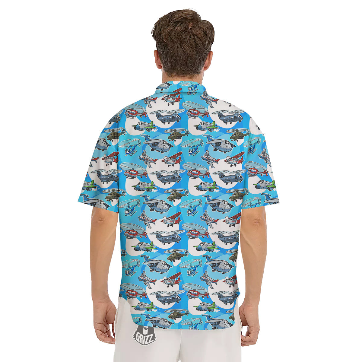 Airplanes And Helicopters Cartoon Print Pattern Men's Short Sleeve Shirts-grizzshop